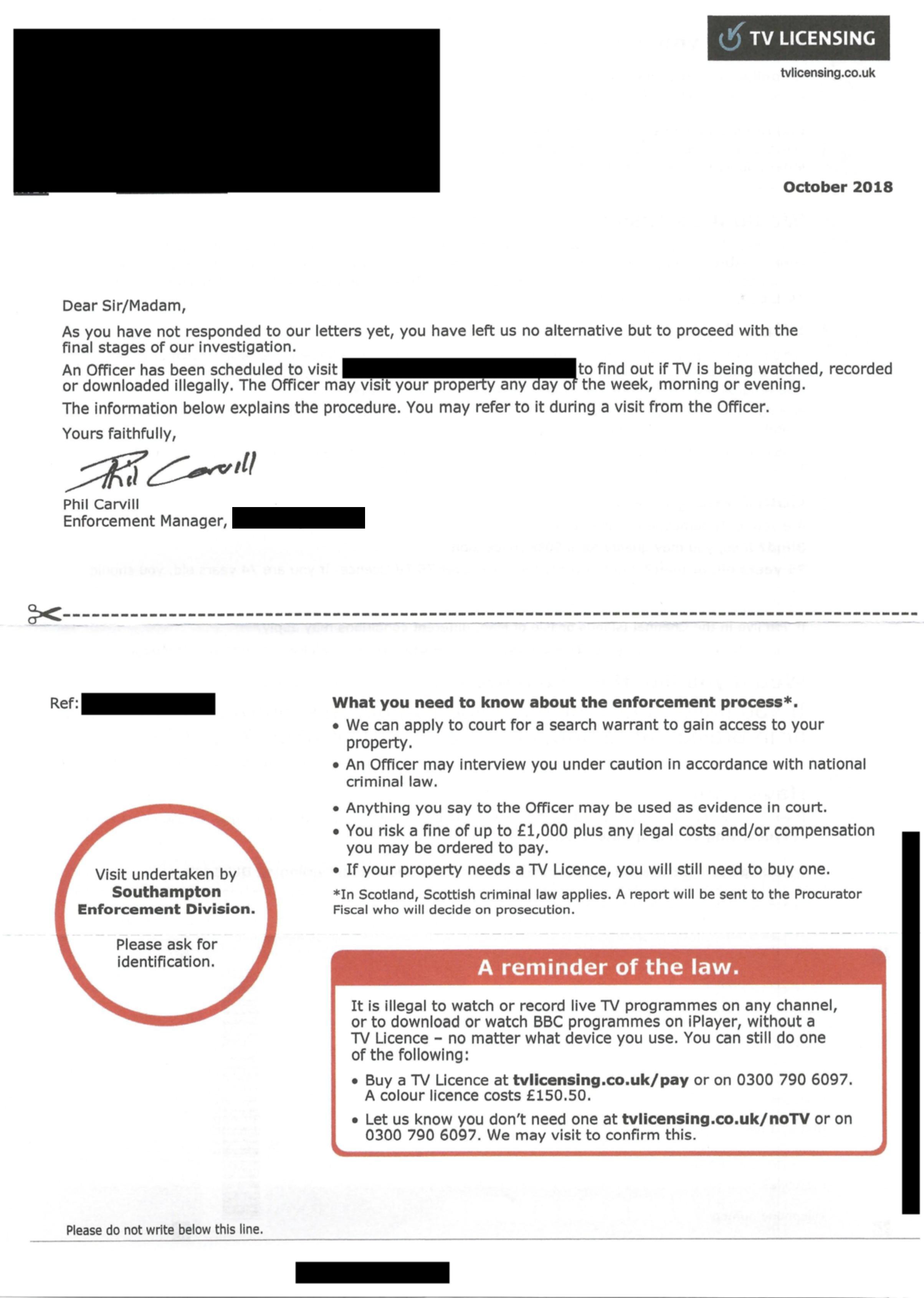 Letters from BBC Television Licensing/2018